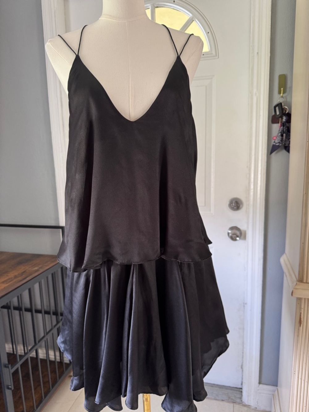 Private Label Black Satin Spaghetti-Strap Tiered Dress